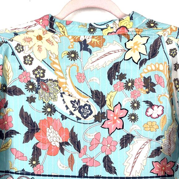 Boho Floral Paisley Tunic Blouse Womens SZ L Turquoise High neck High Low Hem - Picture 9 of 9